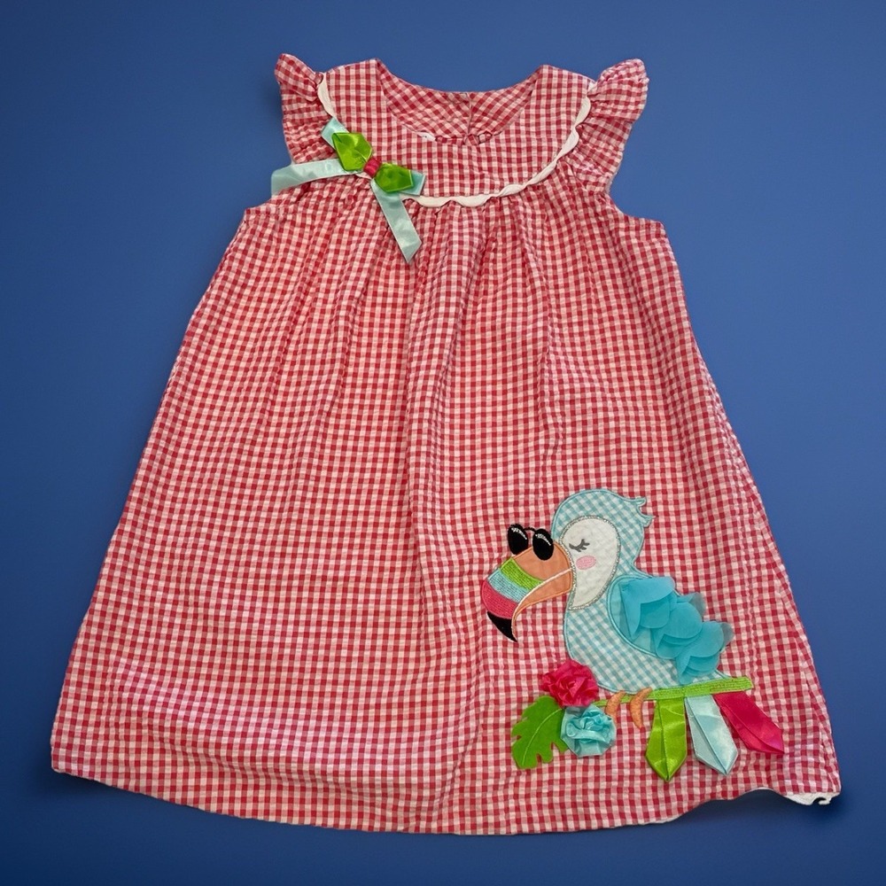 Bonnie Jean Size 3T‎ Dress Vacation Fun Pastel Toucan Red and White Gingham Cute